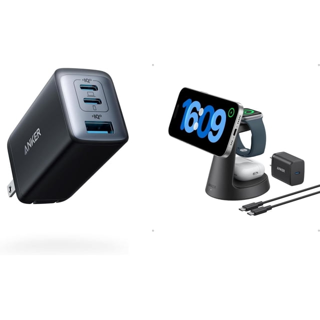 cargador anker nano ii de 65 w con soporte de base inalámbrico, cargador compacto negro con tres puertos visibles (dos USB-C y un USB-A) y logotipo Anker en vista frontal en ángulo; soporte inalámbrico negro con teléfono en horizontal, reloj y audífonos sobre la plataforma y cables USB-C a la vista; suele usarse como estación de carga compacta para escritorio.