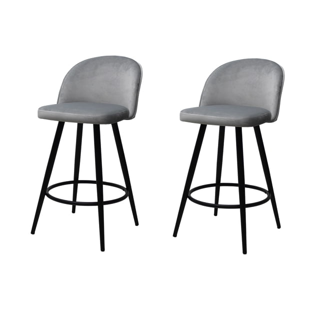 set de 2 bancos periquera avila para barra de cocina o bar, madera y metal plata par de bancos periquera con respaldo curvo y asiento tapizado gris claro, estructura metálica con patas cónicas y aro reposapiés circular, vista frontal sobre fondo blanco; aptos para barra de cocina, isla o área de bar.