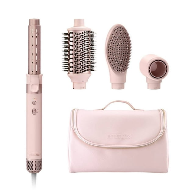 cepillo de aire conair bc8100ses digital 4 en 1 ceramica rosa; vista frontal del mango con botones digitales y cuatro accesorios: cabezal redondo con cerdas, cabezal oval perforado, boquilla concentradora corta y accesorio cilíndrico ventilado, más bolsa de transporte rosa; ideal para alisar y dar volumen, a menudo usado para retoques de peinado en viaje.