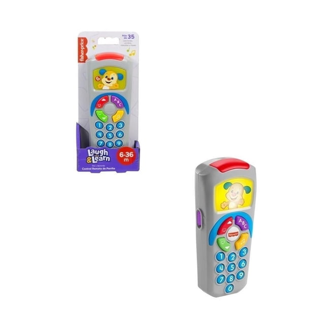 juguete para bebés fisher-price ríe y aprende control remoto de perrito multicolor con botones numerados 0–9 y teclas ABC; vista frontal centrada del control remoto gris con pantalla iluminada que muestra la cara del perrito, botones azules redondos, triángulo verde y acabado plástico mate, empaque visible. Juguete didáctico para enseñar números, letras y opuestos y reforzar motricidad fina.