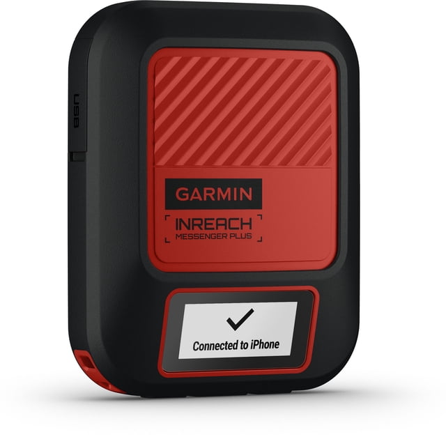 garmin inreach messenger plus dispositivo de comunicación por satélite negro/rojo, vista frontal 3/4 con carcasa resistente y panel rojo texturizado, logotipo GARMIN e inscripción INREACH Messenger Plus visibles, pantalla inferior que indica conexión a iPhone y puerto USB lateral; ideal para mensajería y compartir fotos en zonas sin cobertura.