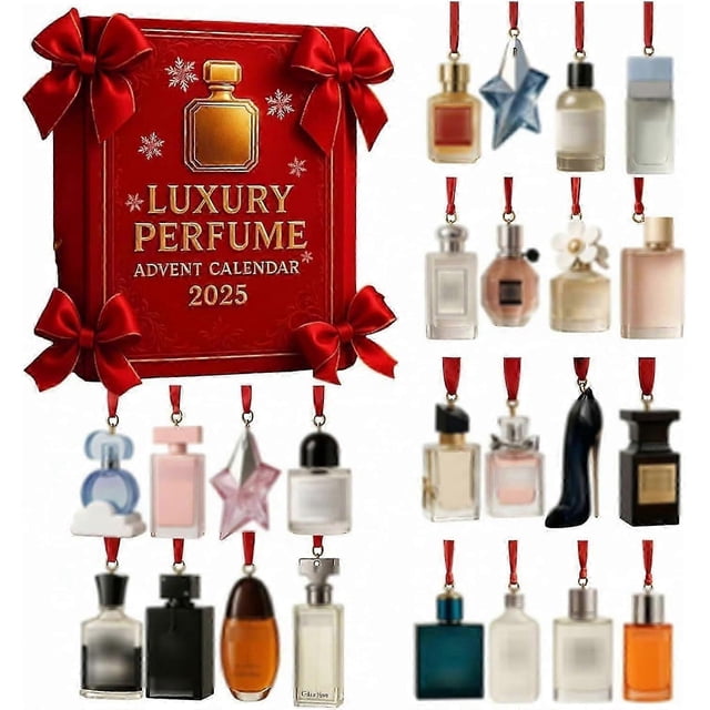 2025 luxury perfume advent calendar 24-day acrylic perfume display gift set calendario de adviento con 24 adornos acrílicos en forma de frasco colgantes sobre cintas rojas, caja roja con letra dorada y variedad de siluetas que revelan fragancias para mujeres y hombres; también sirve como exhibidor decorativo para tocadores o árbol navideño.