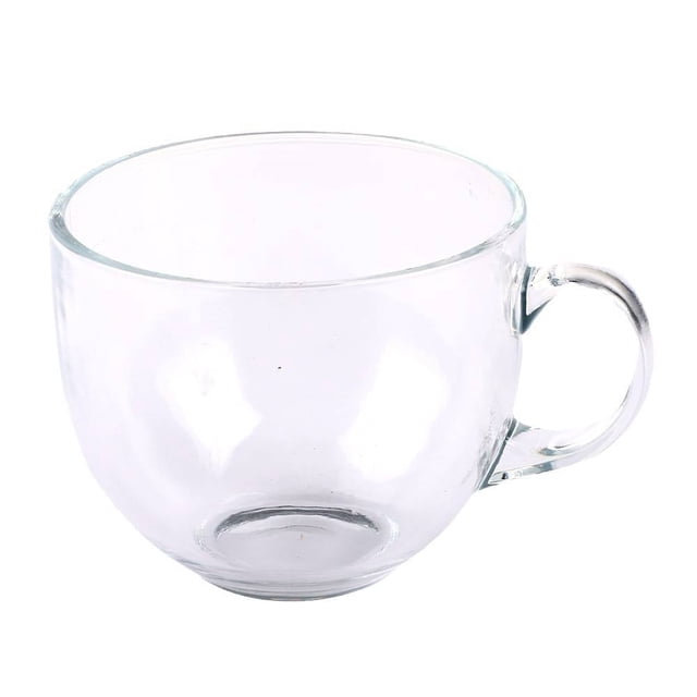 taza prichos siglo xxi de vidrio 470 ml jumbo taza de vidrio transparente con asa lateral en vista frontal 3/4, cuerpo redondeado y base circular visibles, vidrio liso y brillante; para café y té, también sirve para bebidas calientes o frías y es fácil de lavar.