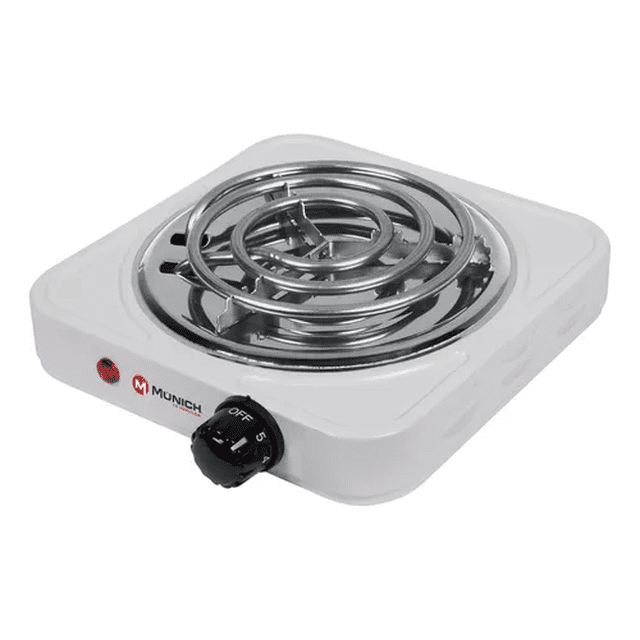 parrilla eléctrica 1 quemadores en espiral munich pe-100 Parrilla eléctrica de un quemador en espiral color negro con superficie de acero inoxidable, potencia 1000W, perilla frontal manual y rejilla metálica circular; diseño de pie compacto, ligera y portátil, adecuada también para calentar ollas pequeñas.