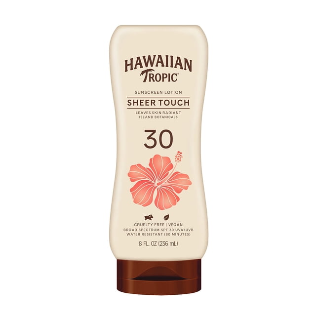 crema solar hawaiian tropic sheer touch lotion spf 30 240 ml botella frontal beige con tapa marrón curvada, logo Hawaiian Tropic arriba, texto 'Sheer Touch' y número '30' grande, hibisco coral impreso, señala protección de amplio espectro y resistente al agua, 240 ml.