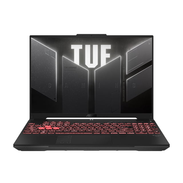 asus tuf gaming a16 laptop para juegos, 16” wuxga 144hz, amd ryzen 7 7445hs, nvidia geforce rtx 4050, 16gb ddr5, 512gb pcie ssd mecha gris — vista frontal de laptop gamer negro abierto con pantalla 16" mostrando logo TUF, teclado numérico retroiluminado rojo y touchpad centrado; pantalla fluida 144 Hz y configurada para rendimiento CPU+GPU; a menudo usada como estación portátil para creación de contenido ligero.
