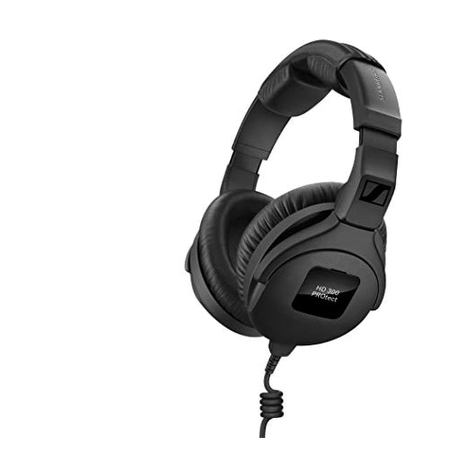 sennheiser pro audio headphones, black (hd 300 protect) sennheiser pro audio over-the-ear-headphones Three-quarter front view of black Sennheiser HD 300 PROtect closed-back over-ear monitoring headphones with padded headband, foldable ear-cup hinges and large cushioned ear pads; coiled 1.5 m cable with 3.5 mm jack and HD 300 PROtect label on ear cup, matte textured plastic finish, suitable for live stage monitoring or portable mixing.