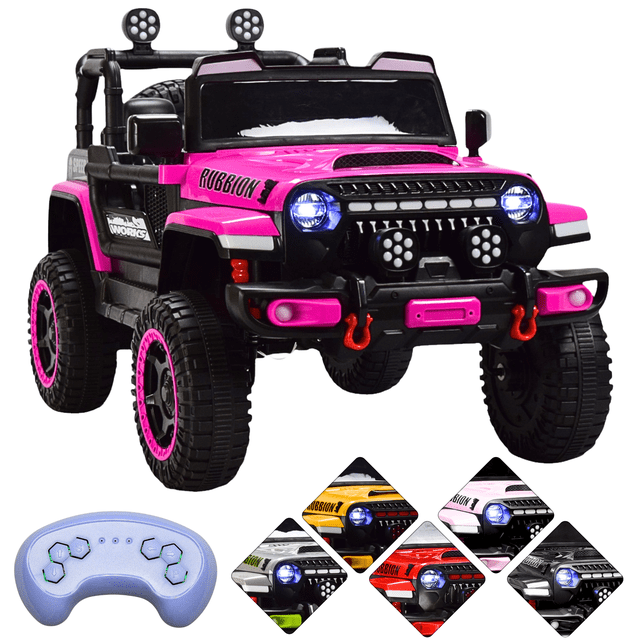 camioneta eléctrica montable para niños joykoo control remoto luz 12v rosa vista frontal 3/4 de camioneta 4x4 rosa y negra con parrilla y faros LED encendidos, barra de luces en techo, parachoques con ganchos rojos, neumáticos todoterreno con aros rosas, asiento con respaldo y cinturón, volante y pedal; control remoto en primer plano. Adecuada para uso al aire libre, 2 motores y batería 12V, conexión Bluetooth/USB/aux y control parental por control remoto hasta 40 m; a menudo usada para sesiones de juego guiado en patios.