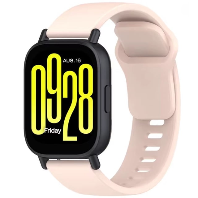 correa sport de silicón para xiaomi redmi watch5 active Rosa, correa deportiva de silicona para Xiaomi Redmi Watch5 Active, vista 3/4 frontal del reloj rectangular con pulsera rosa de 23 cm, cierre de hebilla con ranuras ajustables y textura lisa, diseño sólido ideal para uso diario y actividades deportivas; también adecuada como reemplazo para personalizar el smartwatch.