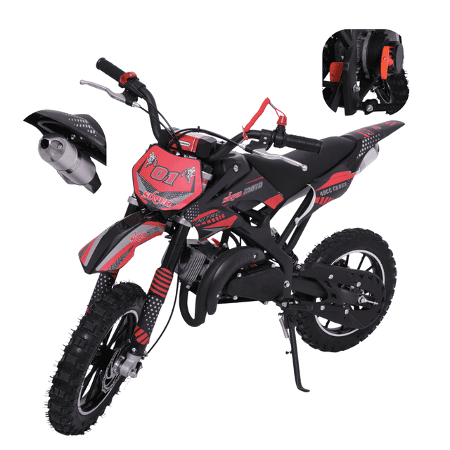 moto cross para niño skr1000 starkids de gasolina 2 tiempos negro vista 3/4 frontal con chasis negro y gráficas rojas, sillín estrecho y guardabarros delantero; motor gasolina 2 tiempos central, transmisión automática 1 velocidad, escape lateral, freno de disco, amortiguador trasero y llantas off‑road de 10 pulgadas. Pata de soporte, encendido manual, tanque 1.8 L y capacidad hasta 90 kg; adecuada como primera moto de motocross para niños mayores o principiantes.