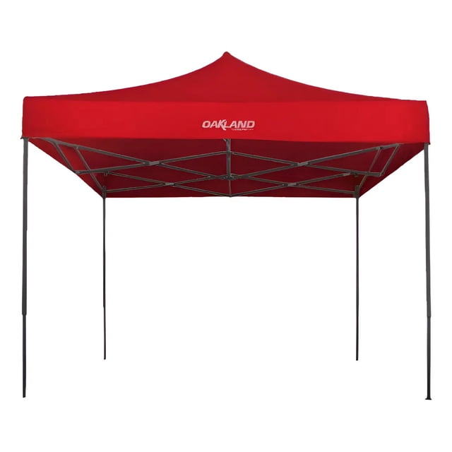 toldo plegable 2x2m lona impermeable y reforzado oakland Rojo: vista frontal de toldo plegable 2x2 m con tejabán piramidal rojo y logo Oakland en la cenefa, estructura de hierro con recubrimiento en polvo y armazón en cruz visibles bajo la lona, cuatro patas telescópicas, lona impermeable con protección UV, diseño plegable y portátil para eventos, ferias o jardín; suele usarse también para puestos temporales de trabajo.