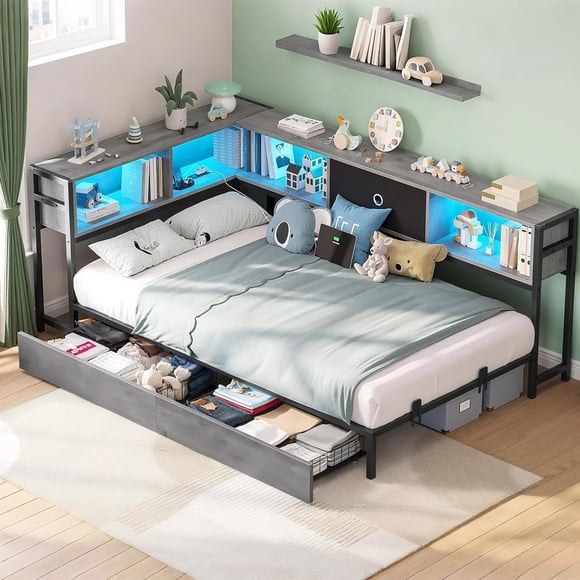 Base de Cama con Estación de Carga Y Luces RGB LED, Marco de Cama Esquinero con Cajones de Almacenamiento, Estructura de Cama con Plataforma, No Necesita Somier (Full/Matrimonial)