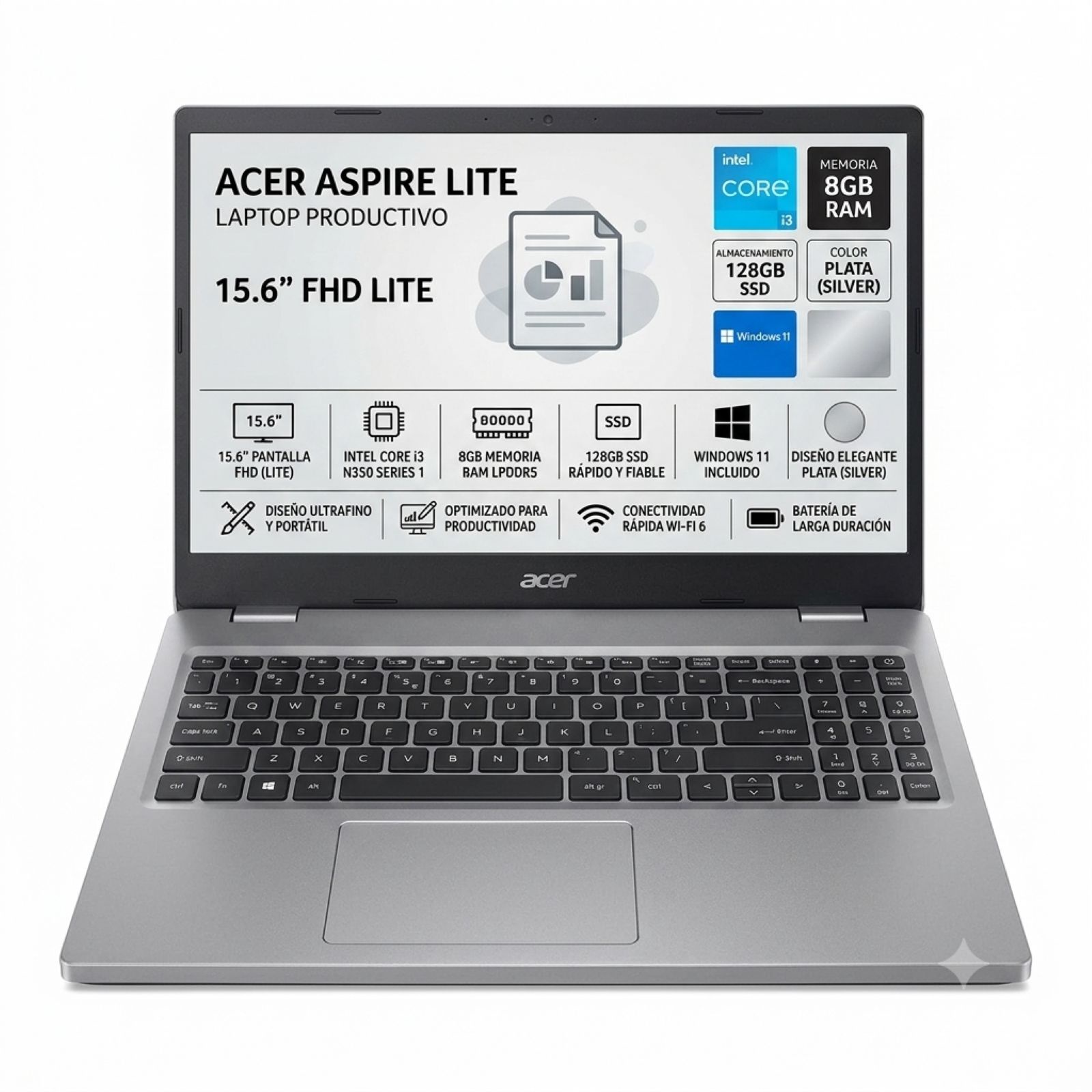 Laptop Acer Aspire Lite 15.6" FHD IPS Intel Core 3 8GB RAM 128GB SSD Windows 11 Home
