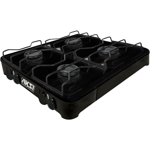 parrilla estufa de mesa aksi 4 quemadores negro 3/4 frontal con cuatro quemadores superiores y parrillas metálicas negras, base rectangular baja y cuatro perillas frontales; logo Aksi visible en el frente; dimensiones 48 x 48 x 8 cm, ajustada para gas L.P. 2.75 kPa; también es adecuada para cocinar en espacios pequeños o para llevar en camping.