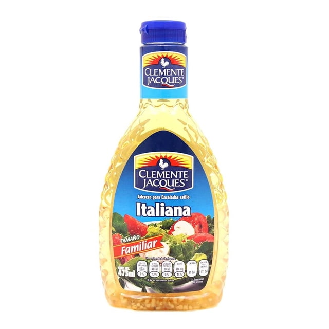 aderezo para ensaladas clemente jacques a la italiana 473 g botella frontal, envase plástico transparente con tapa azul, aderezo italiano amarillo pálido con trozos visibles, etiqueta azul con logo Clemente Jacques y leyenda 'Tamaño Familiar'; también suele usarse como aderezo para marinadas ligeras.