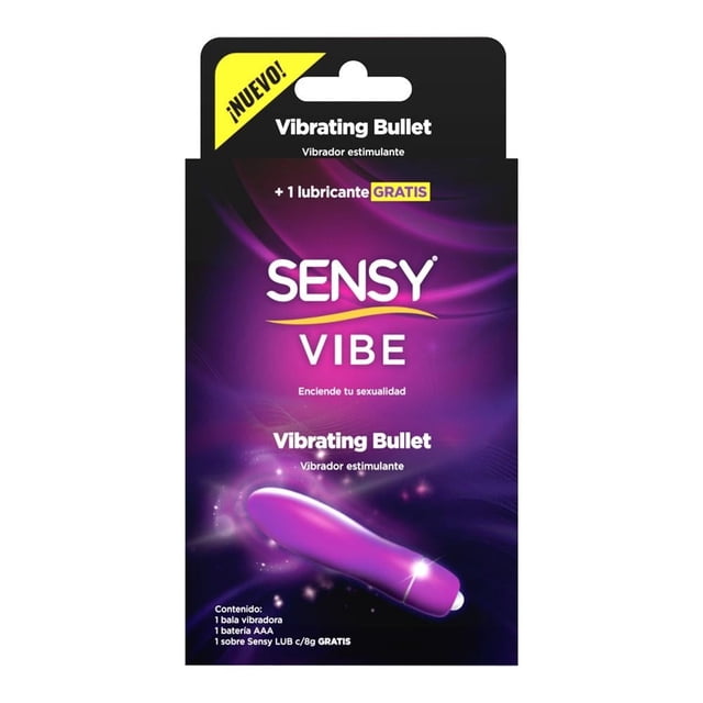 vibrador sensy sensyvibe sensy vibe 1 pieza empaque frontal con vibrador tipo bala morado visible en la parte inferior, fondo púrpura con el logotipo SENSY VIBE, texto "Vibrating Bullet" y etiqueta amarilla "¡NUEVO!"; indicado para viajes y uso discreto.