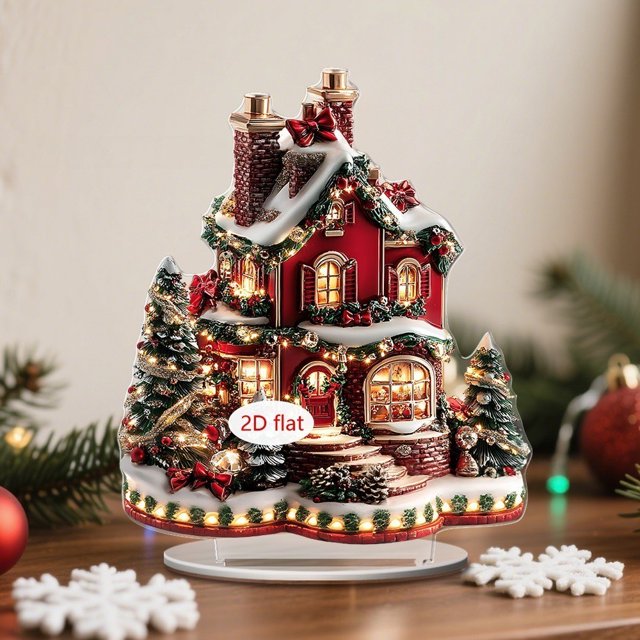 CaiYueKe Christmas House 2D Flat Ornament Set Shatterproof Hanging Decor Holiday Display Accent Festive Home Decoration Christmas Tree Ornament Gift Set for Family Friends Seasonal Party Supplies