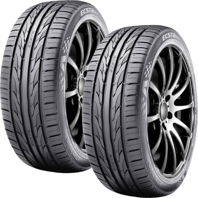 paquete de 2 llantas 215/50 r17 95w kumho ecsta ps31 vista 3/4 frontal de dos neumáticos montados en rines, dibujo asimétrico de la banda con ranuras longitudinales y canales en V, marcaje ECSTA PS31 y 215/50 R17 visibles en el flanco, UTQG 400, tracción A y temperatura A, origen Vietnam; apto para uso en carretera.