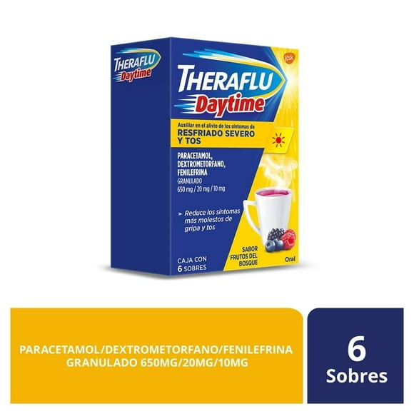 Té antigripal Theraflu Daytime Paracetamol, Dextrometorfano sabor frutos del bosque 6 sobres