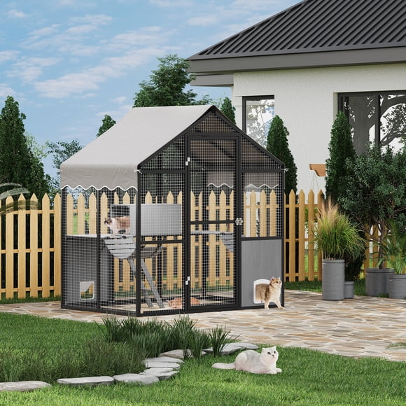 Recinto gran para gatos de aluminio para exteriores - Casa para múltiples gatos con estructura reforzada - Techo impermeable, plataforma amplia, puerta lateral y túnel