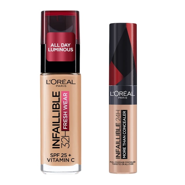 l'oreal paris kit base de maquillaje infalible 200 + corrector 325 kit con base líquida Infalible Freshwear 32H tono 200 Linen Natural en frasco con dispensador y corrector 24H en tubo; acabado luminoso, FPS 25 y fórmula con vitamina C, visto frontal sobre fondo blanco.