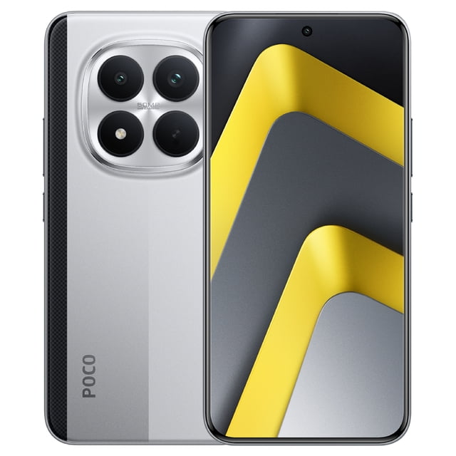 celular poco m8 pro 5g 12gb ram 512gb rom amoled 6.83" snapdragon 7s gen 4 silver vista frontal y trasera centrada; pantalla AMOLED 6.83" 1.5K con perforación para cámara frontal, carcasa trasera plateada curva con módulo cuadrado de cuatro lentes (principal 50MP) y logotipo POCO en vertical; borde lateral con textura oscura. Especificado con 12GB RAM, 512GB ROM, batería 6500mAh y carga rápida 100W; también suele utilizarse como dispositivo multimedia portátil para video y juegos.