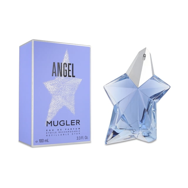 angel mugler 100ml edp spray para mujeres, fragancia oriental vainilla; frasco en forma de estrella azul transparente junto a caja violeta con logo Mugler, vista frontal, 100 ml.