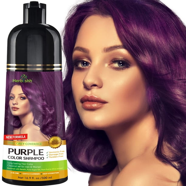 Herbishh Magic Hair Dye Shampoo - Colors Gray Hair in Minutes - Long Lasting - 500 Ml - 3-In-1 Ammonia-Free Color Treatment (Purple)