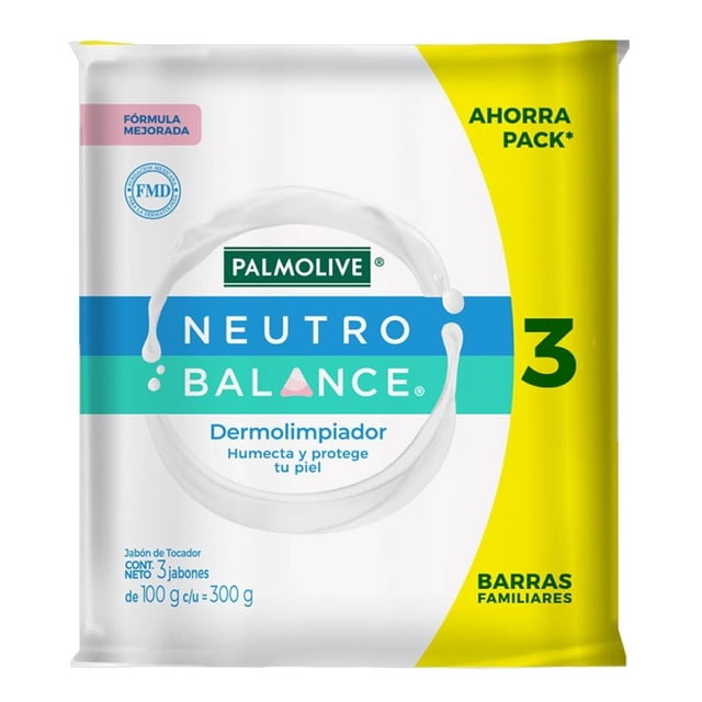 jabón de baño palmolive neutro balance dermolimpiador humecta y protege tu piel 3x100 g paquete frontal con tres barras familiares; empaque blanco y amarillo, logo Palmolive y franja azul que muestra 'Neutro Balance' y 'Dermolimpiador'.