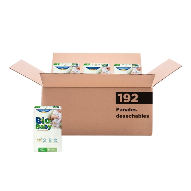 pañal para bebé bio baby etapa 4 192 piezas paquete abierto con cuatro cajas visibles y un paquete frontal blanco con logo Bio Baby; talla 4 (9–13 kg), indica hasta 12 horas de protección, núcleo superabsorbente y materiales biodegradables según especificación; también suele usarse para guardar refacciones de pañales en casa.