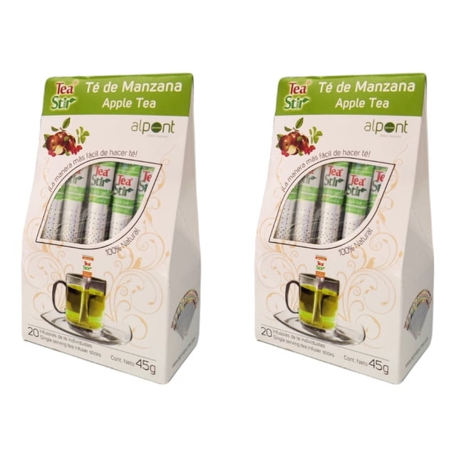 alpont tea stir té de manzana 20 piezas 2 paquetes pack doble de té de manzana Alpont, dos cajas frontales blancas y verdes con ventana que muestran los 20 sobres individuales, ilustración de taza y manzana, contenido neto 45 g.