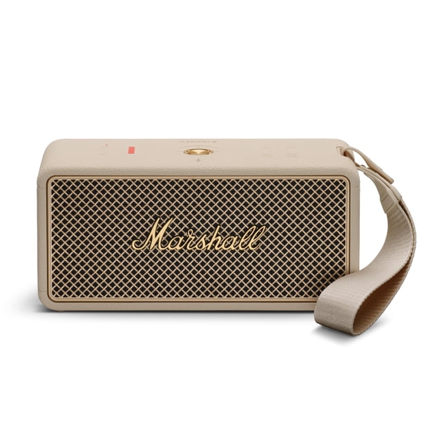 altavoz bluetooth marshall middleton ii crema impermeable altavoz rectangular crema (blanco roto) con rejilla frontal dorada y logo Marshall, correa de transporte a la derecha, vista frontal centrada y controles en la parte superior; portátil con reproducción >30 horas, sonido estéreo 360° y clasificación IP67 según especificaciones; a menudo usado como banco de carga para teléfonos en movilidad.