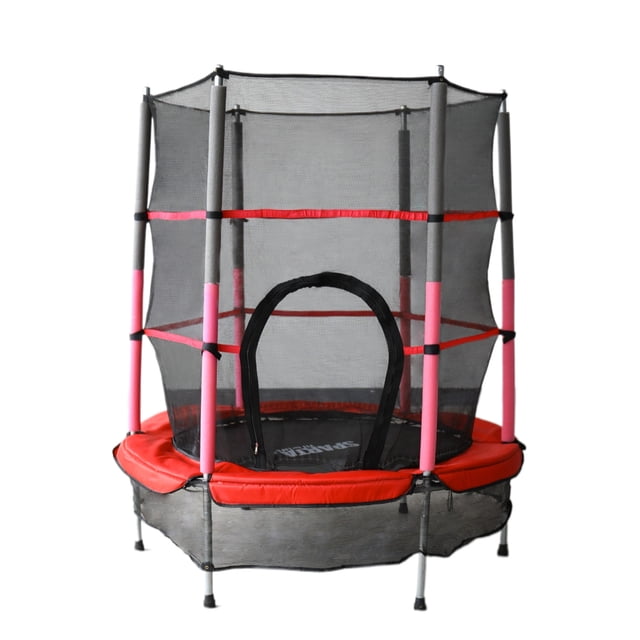 sparta trampolin-brincolin 55¨ pulgadas trampolín redondo 55¨ (139 cm) con red de seguridad ASTM, entrada circular con cierre, patas metálicas y cojín acolchado rojo; postes forrados en gris y rosa, vista frontal completa, uso recreativo y ejercicio. Suele usarse también para actividades lúdicas bajo supervisión.