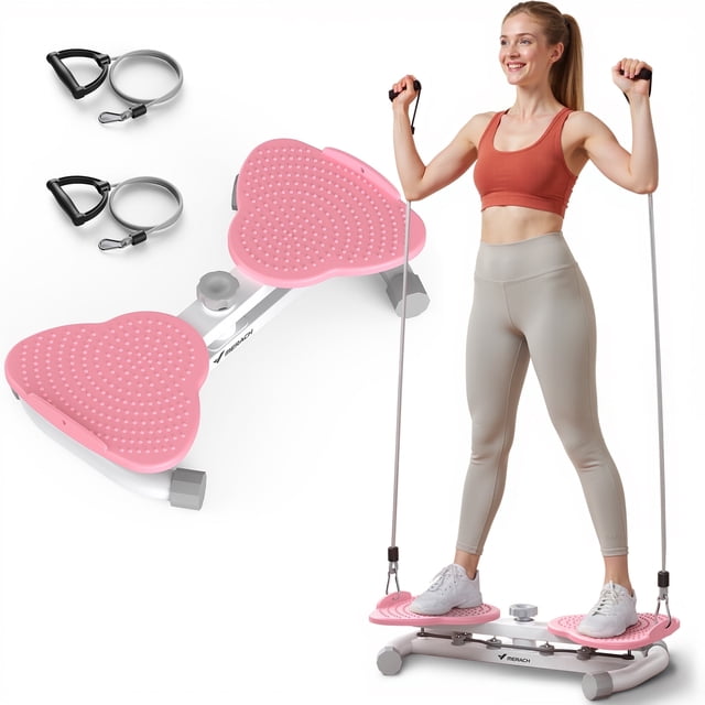 merach máquina ab enrollador de cintura con resistencia silenciosa, equipo de entrenamiento central para mujer, hasta 300 libras, ideal para tonificar abdomen y cintura en casa. Vista 3/4 frontal de la máquina rosa con dos plataformas antideslizantes texturizadas, marco de acero blanco, bases de goma y perilla de ajuste; cables de resistencia con mangos. Modelo femenina usando la máquina en fondo blanco; adecuada también para pausas activas en home office.