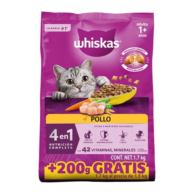 Alimento Seco para Gatos Adultos Whiskas® 4 en 1, 100% Nutrición Completa y Balanceada – Sabor Pollo 1.7kg