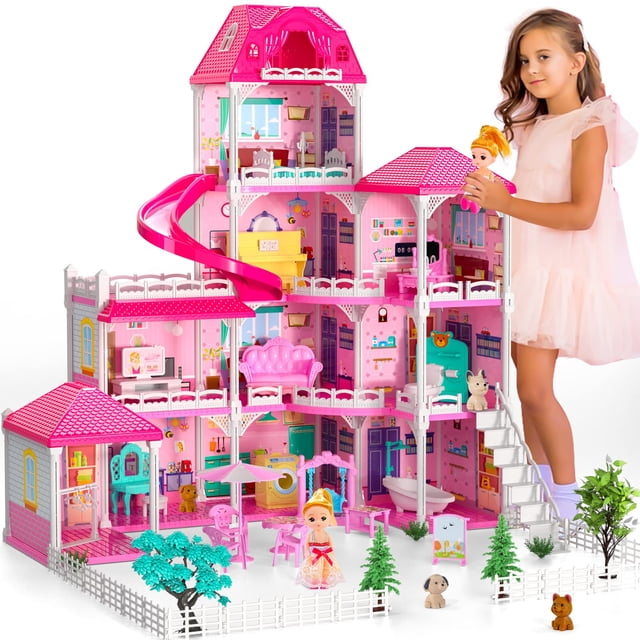 dolls house doloowee, 4 pisos, 10 habitaciones con 2 toboganes para princesas rosa: vista frontal a tres cuartos de la casa de muñecas Doloowee rosa con 4 niveles y 10 habitaciones tematizadas; se observan dos toboganes en espiral, escaleras laterales, balcones abiertos y barandales blancos. Detalles verificables: mobiliario en miniatura como sofá, piano, mesa de comedor, bañera, inodoro, cama y refrigerador; patio con vallas blancas, árboles, 2 muñecas y 4 mascotas. Figura infantil de pie a la derecha para referencia de escala. A menudo usado como juguete para juego imaginativo y narración creativa.