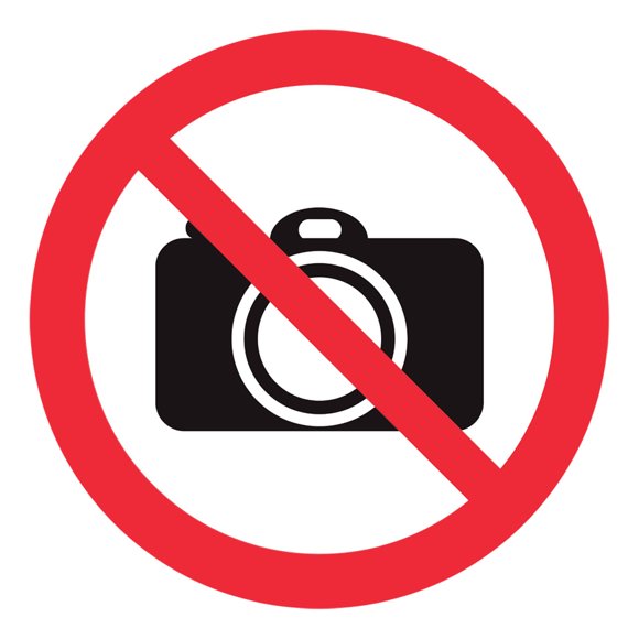 Señal prohibitiva: "Prohibido entrar con cámara" en blanco, rojo y negro. Impresa sobre plástico estireno calibre 40, para exteriores, 20 x 20 cm. Señalamiento, Cartel, Letrero cuadrado, Señalización.