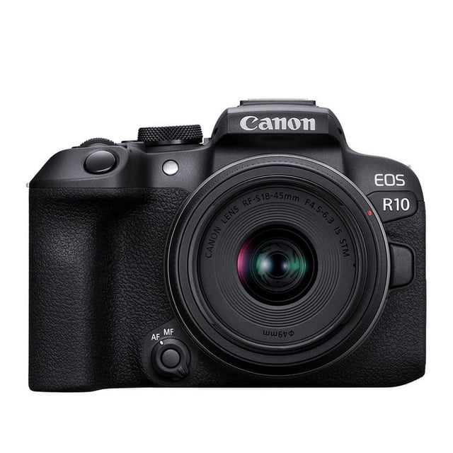 cámara canon eos r10 rf-s18-45mm f4.5-6.3 is stm cámara sin espejo negra, vista frontal centrada con cuerpo compacto y empuñadura texturizada, lente RF‑S 18‑45 mm montada con anillo de enfoque y botón AF/MF visibles, logos Canon y EOS R10 legibles; adecuada para fotografía y video, con autofoco preciso y disparo en ráfaga.