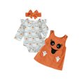 thumbnail image 1 of Conjunto de 3 piezas para bebé niña: pelele de manga larga con volantes de calabaza y diadema, ideal para Halloween., 1 of 8