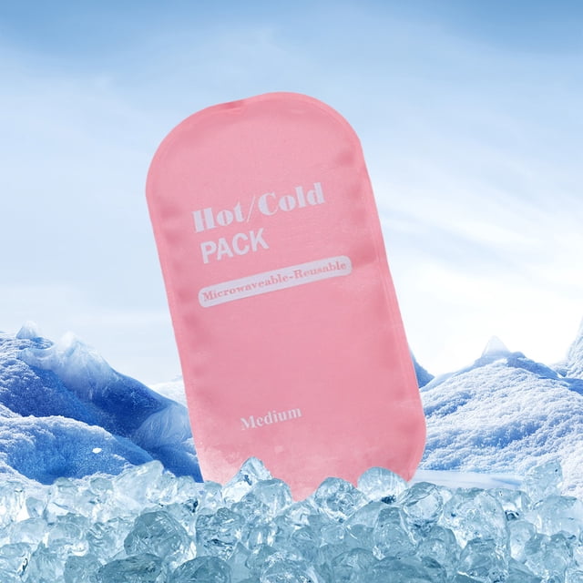 compresas de gel reutilizables, compresa fría para lesiones, flexible, suave, terapia de frío y calor con capacidad de 300 ml para aliviar dolor de rodilla, hombro y espalda, paquete de 2. Vista frontal 3/4 de una compresa rosa rectangular de nylon y vinilo con sello impermeable y texto impreso "Hot/Cold PACK"; relleno de gel 300 ml (20×10×2 cm aprox.), fondo con hielo que sugiere uso en congelador. También suele usarse para aliviar cólicos menstruales y dolores musculares leves.