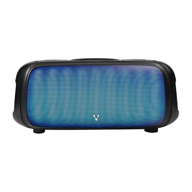 vorago ksp-530 bocina bafle karaoke tws micro sd usb microfono inalambrico 3.5 mm control remoto radio bocina para exterior recargable bocina portatil bluetooth vista frontal del bafle Vorago KSP-530 con rejilla multicolor iluminada en azul, carcasa negra con bordes redondeados, logo Vorago centrado y patas inferiores visibles; iluminación LED estilo flama y diseño compacto, suitable para reuniones y uso como bafle portátil en sesiones de karaoke.