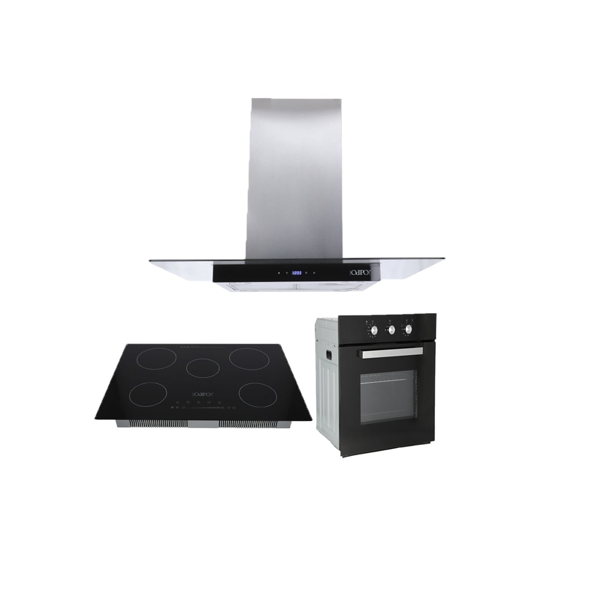 Campana de cocina de isla digital cristal recto 90cm Fordex-Parrilla electrica de induccion 4 quemadores 60cm Kepler-Horno electrico empotrable 60L 127V e-Motrix acero