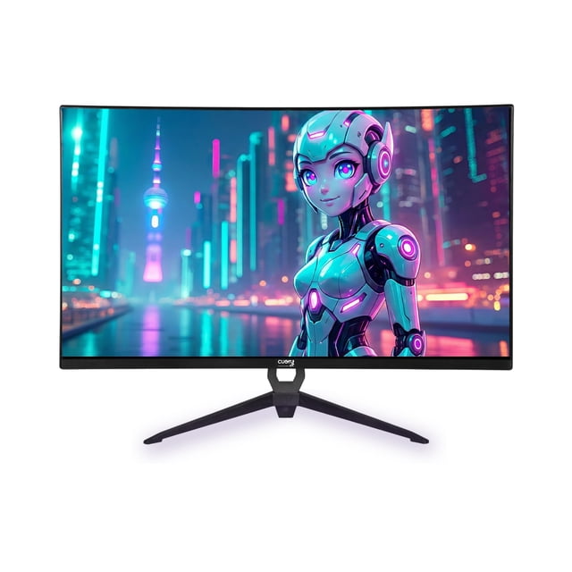 monitor curvo 24 pulgadas gamer full hd 100hz hdmi negro CUORY, vista frontal centrada de pantalla curva 16:9 1920x1080 con gráfico futurista, bisel delgado y base trípode en Y, conectividad HDMI indicada en la ficha, sin parlantes visibles; también apto para edición de video y consumo multimedia.