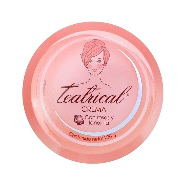 crema teatrical con rosas y lanolina 230 g tarro redondo visto desde arriba; tapa rosa con logo Teatrical en script marrón, texto “Crema” y “Con rosas y lanolina” con icono de rosa, contenido neto 230 g, fondo blanco; adecuada para hidratación diaria.