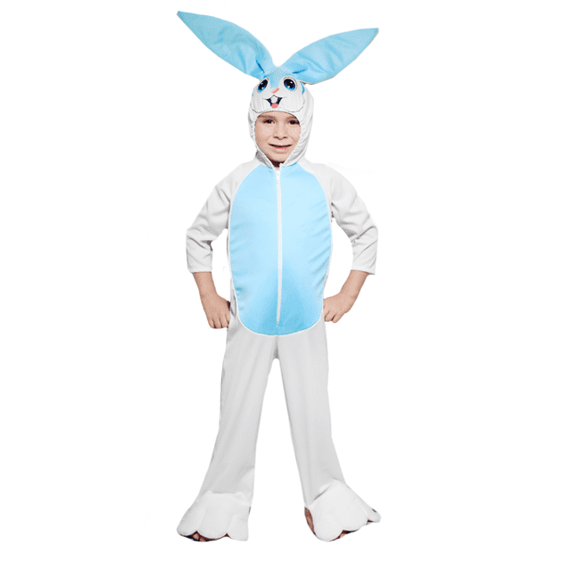 disfraz de primavera conejo blanco con azul unitardo deluxe infantil niños talla 1 a 3 años unitardo blanco con panel frontal azul claro en vista frontal centrada; capucha con orejas largas azules y ojos impresos, cremallera frontal visible, cola de conejito y bota ancha en punta tipo pata; manga larga, tela 100% poliéster, fondo blanco de estudio; ideal para festival de primavera o evento escolar, a menudo usado para desfiles infantiles.