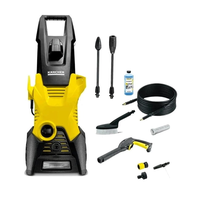 hidrolavadora karcher k3 car Amarillo, vista frontal centrada de unidad compacta amarilla y negra con asa superior; incluye manguera enrollada, pistola con gatillo amarillo-negro, lanza Vario Power, lanza rotativa, cepillo, botella de detergente y accesorios Quick Connect. Ideal para limpieza ocasional de auto, jardín y hogar, con tecnología alemana.