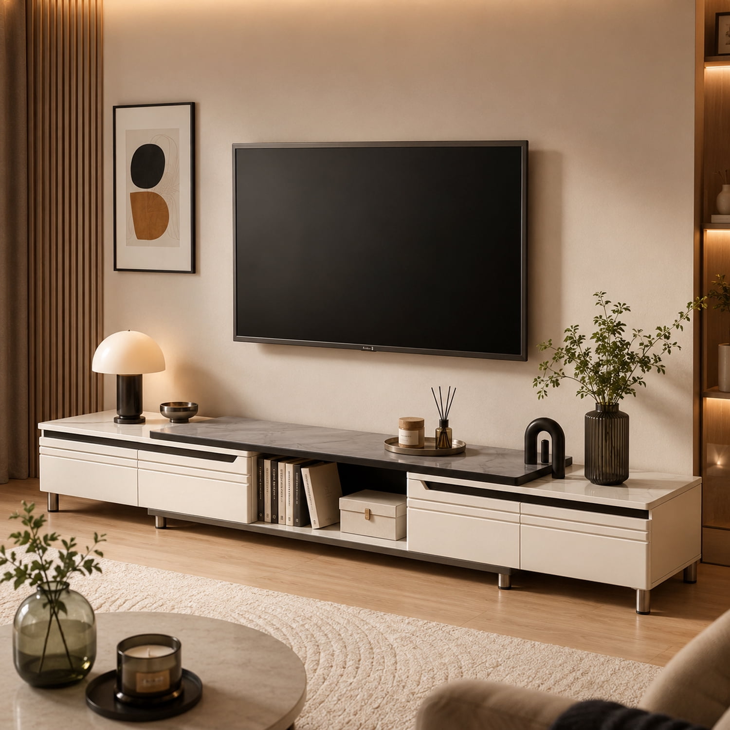 Mueble para TV de hasta 75 Pulgadas con 2 Niveles, Cajones y Repisas Laterales Ajustables, Centro de Entretenimiento Resistente para Sala y Recámara, Blanco