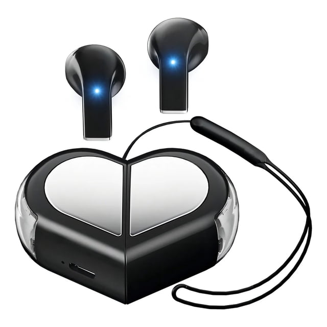 veatool k520 auriculares inalámbricos intrauditivos, bluetooth 5.3, diseño con cordón portátil, perfil doble en forma de corazón auriculares negros con estuche de carga en forma de corazón; vista frontal centrada de dos earbuds con tallos cortos y LED azul, estuche negro brillante partido en dos mitades con tapa plateada y cordón para transporte. Conectividad Bluetooth 5.3 y micrófono integrado; también suelen usarse para llevar en viajes.