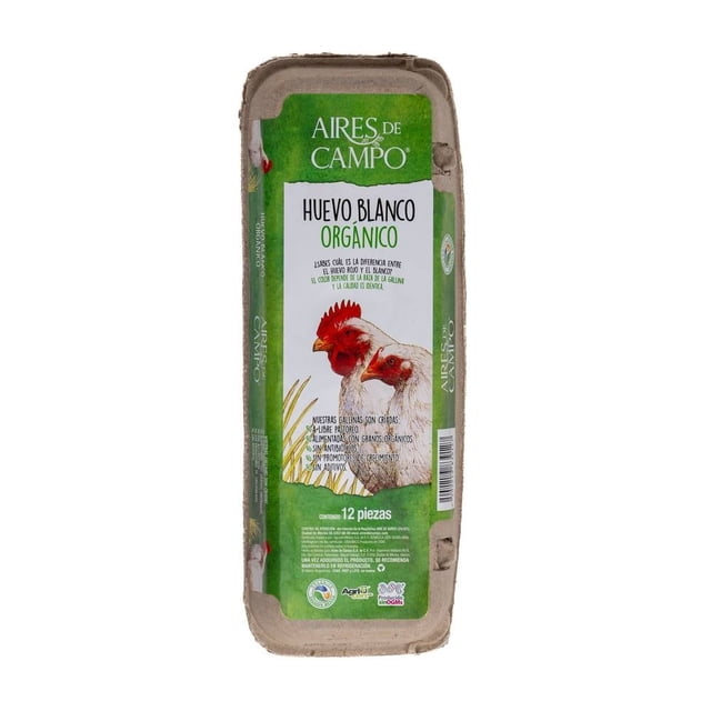 huevo blanco aires de campo orgánico 12 pzas envase cartonero vertical con etiqueta verde y logo Aires De Campo, paquete de 12 huevos blancos con ilustración de gallinas y leyendas de certificación en la etiqueta; adecuado para desayuno y prepararse al gusto.