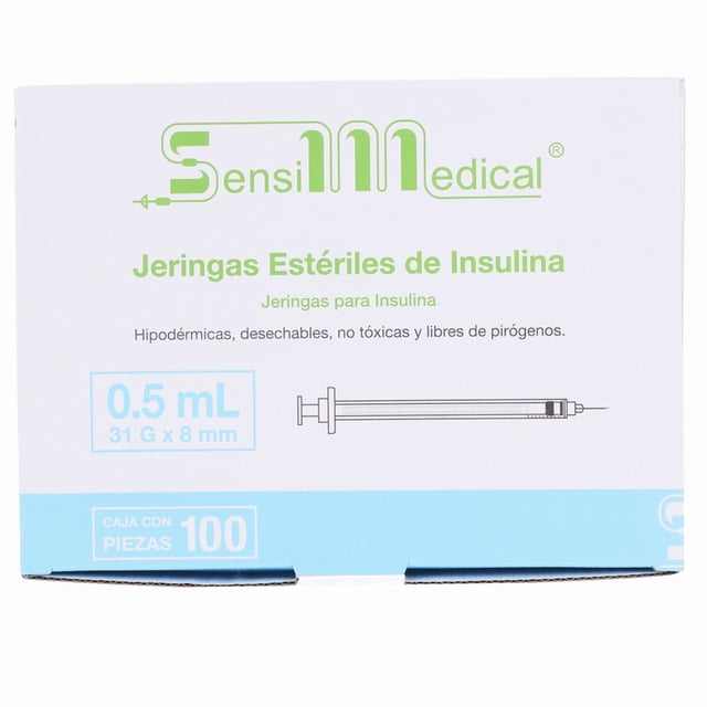 sensimedical jeringa para insulina 0.5 ml con aguja 31g x 8 mm, caja con 100 piezas Caja frontal blanca y azul cielo con logo Sensimedical y texto “Jeringas Estériles de Insulina”; recuadro azul muestra 0.5 mL y 31G x 8 mm, dibujo lineal de una jeringa subcutánea y franja inferior indica 100 piezas empacadas individualmente.